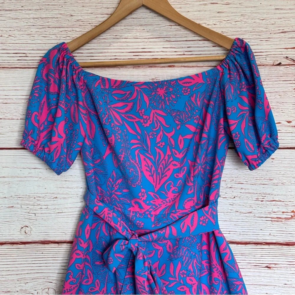 Lilly Pulitzer Jada Off The Shoulder Romper in Aura Pink Leaf An Impression Sz 2 - Picture 6 of 16